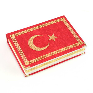  Türk Bayraklı Kuran-ı Kerim Seti Kadife Kutulu (20x27cm)