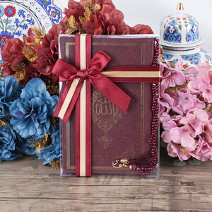  Anneler Günü Hediyesi Termo Yasin Kitabı (16x24 cm) 46 Sayfa, 99'lu İnci Tesbihli Set-Bordo