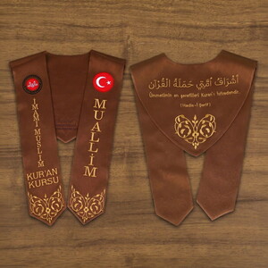 Hafızlık İcazet Merasim Atkısı Türk-Diyanet Bayraklı Kursa Özel Gold Nakışlı-Kahve