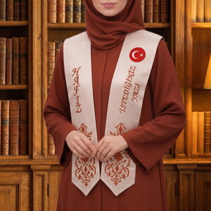  Hafızlık İcazet Merasim Atkısı Türk Bayraklı-İsme Özel Kremit Nakışlı-Vizon