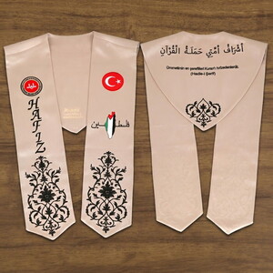  Hafızlık İcazet Merasim Atkısı Türk-Filistin-Diyanet Bayrak İşlemeli,Siyah Nakışlı-Vizon