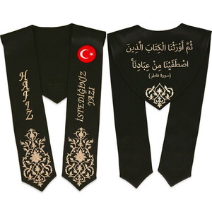  Hafızlık İcazet Merasim Atkısı Türk Bayraklı-İsme Özel Vizon Nakışlı-Siyah