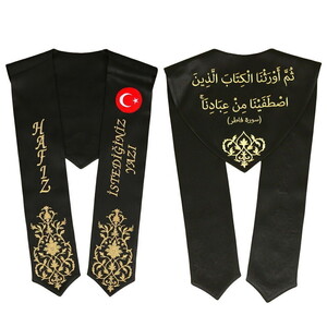  Hafızlık İcazet Merasim Atkısı Türk Bayraklı-İsme Özel Gold Nakışlı-Siyah