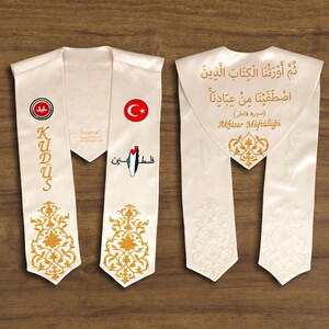  Hafızlık İcazet Atkısı Türk-Filistin-Diyanet Kursa Özel Gold Nakışlı-Krem