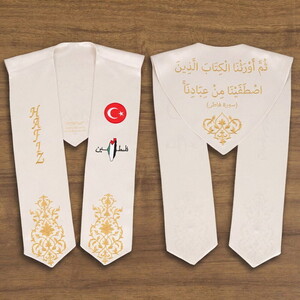  Hafızlık İcazet Merasim Atkısı Türkiye ve Filistin Bayrak İşlemeli Gold Nakışlı-Krem