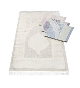  Hediyelik Seccade, Kadife Yasin (İsme Özel), İnci Tesbih, Asetat Kutulu (26×23) İslami Set-Krem
