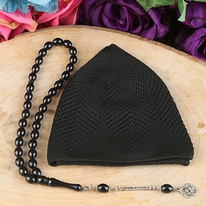  Hediyelik Takke, 33 lü Tesbih, Alkolsüz Esans 3 ml Asetat kutulu 12*15 cm 261 gram-Siyah
