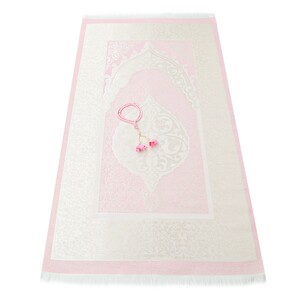  Hediyelik İpek Nur Tafta Seccade Pembe & Güllü İnci Tesbih 8 mm Pembe