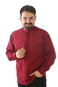  Hac ve Umre İçin Gömlek Nakışlı Uzun Kollu Bordo Hakim Yaka %100 Pamuk Hüdayi
