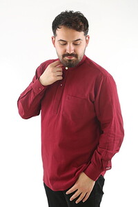 Hac ve Umre İçin Gömlek Nakışlı Uzun Kollu Bordo Hakim Yaka %100 Pamuk Hüdayi