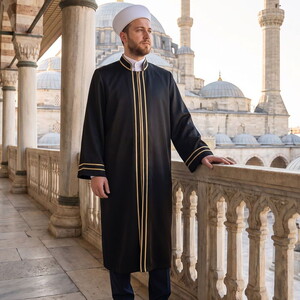  Lüks Kadim İmam Cübbesi Düz Çizgi Siyah