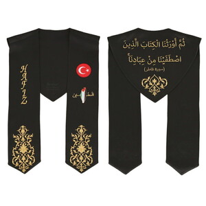  Hafızlık İcazet Atkısı Türk Filistin Bayrak İşlemeli Gold Nakış-Siyah
