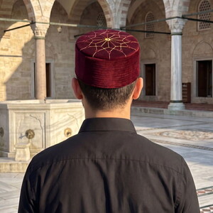  Lüks Kadife Keçeli Takke Nakışlı Bordo