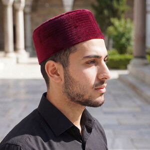  Lüks Kadife Keçeli Takke Nakışlı Bordo